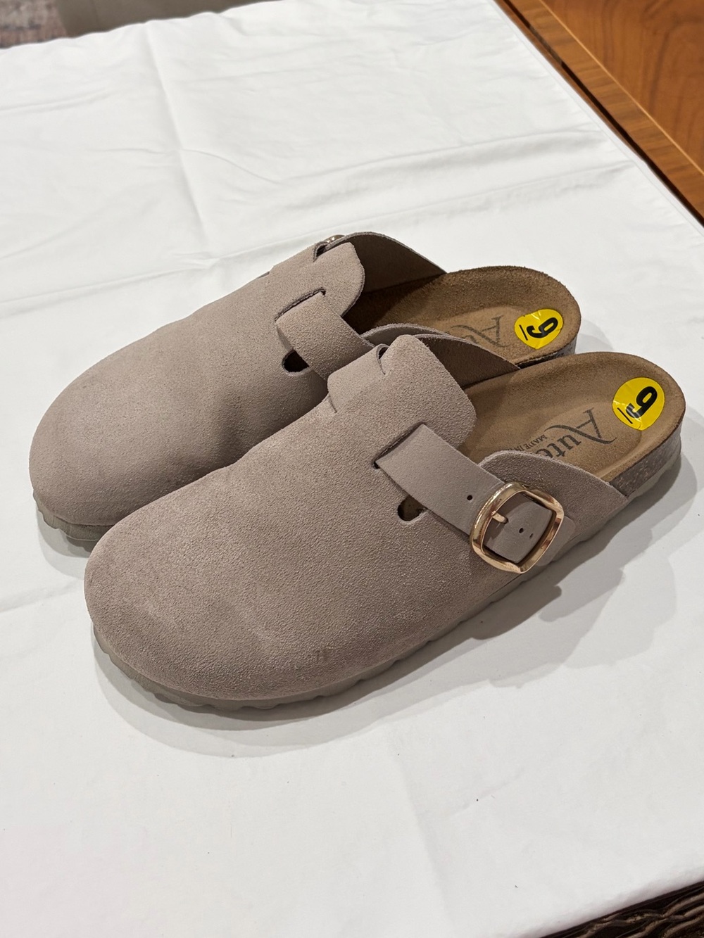 Autenti Taupe Suede Boston Slip-On Clogs with Buckle